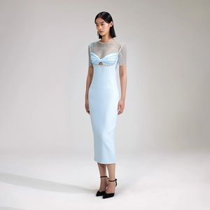 SELF-PORTRAIT BLUE CREPE DIAMANTE MIDI DRESS Size US 4 UK 8